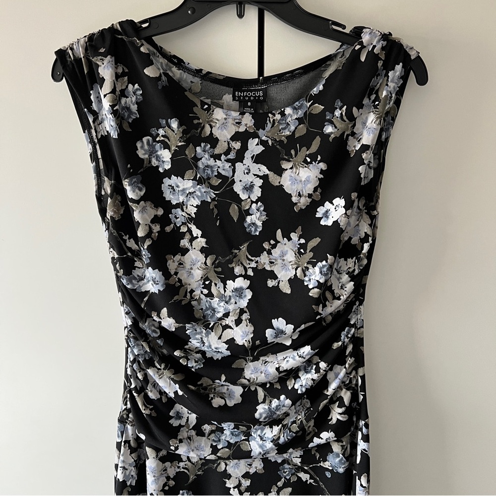 Vintage Floral Ruched Midi Dress Black Blue White Cap Sleeve 90s Cottagecore SM - Picture 5 of 9